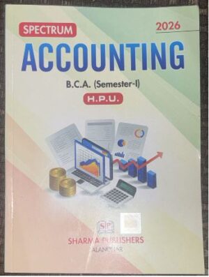 Cover of Spectrum Accounting for BCA Semester I, 2026 edition, featuring coins, a laptop with graphs, and financial documents.