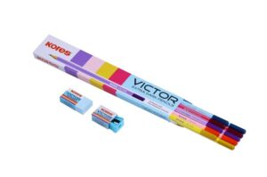 Kores Victor extra-dark pencil set with multiple colored pencils and two erasers in packaging