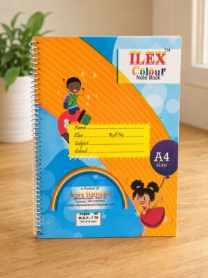 Colorful spiral-bound notebook for kids with a rainbow arc and illustrated children on the cover, reading 'ILEX Colour Note Book'.