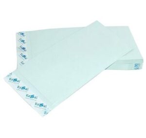Stack of light blue self-sealing mailing envelopes arranged in a pile for shipping