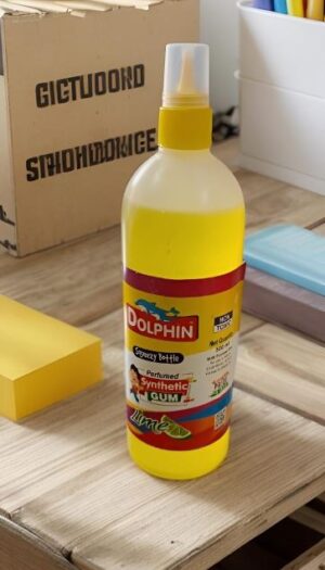Yellow spray bottle with a pump on a wooden desk; label shows the brand 'Dolphin' with playful graphics, cardboard box and a white pencil holder in the background.