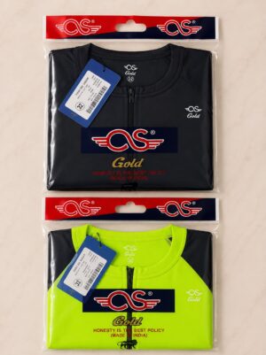 Two packaged jackets, one black and one neon yellow, in clear plastic with CS Gold branding and price tag.
