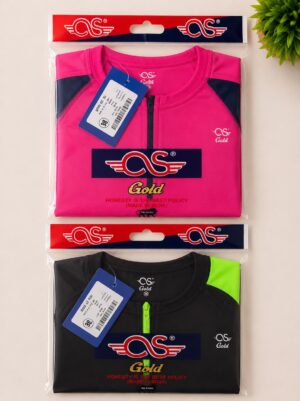Two folded athletic jackets in clear packaging: a bright pink jacket with dark panels and blue tag on top, and a black jacket with neon green zipper below, both branded CS Gold.