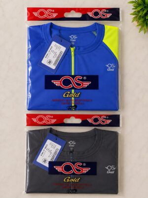 Two CS Gold jackets in plastic packaging: a blue jacket with neon yellow zipper and a gray jacket below, both with brand logos and tags visible to the viewer.