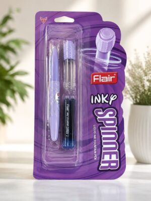 Purple Flair Ink Spinner fountain pen set in blister packaging with a purple pen, a clear grip nib, and a black marker visible through the window.