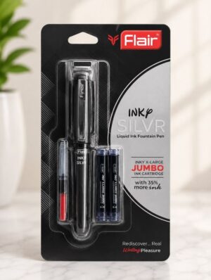Flair Ink Silver fountain pen kit in black packaging with one pen and two ink cartridges visible in a blister pack