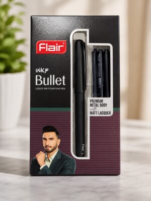Flair Ink Bullet fountain pen set in black packaging with a window showing the pens and a man in a suit pictured on the box bottom.
