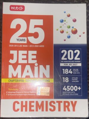 Cover of MTG 25 Years JEE Main Chemistry book with orange and white design, featuring a colorful molecular diagram and bold 'JEE MAIN' text on the left panel and '2022 JEE MAIN SOLVED PAPERS' box on the right panel.