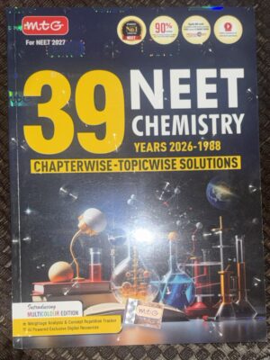 Book cover for 39 NEET Chemistry with chapterwise-topicwise solutions, years 2026-1988, featuring lab equipment and molecules on a dark background.