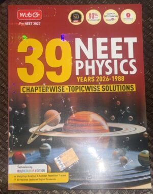 Book cover for a NEET Physics compilation titled '39 Years 2026-1988' with 'Chapterwise-Topicwise Solutions' banner and a space-themed illustration of planets and rings in the lower half.