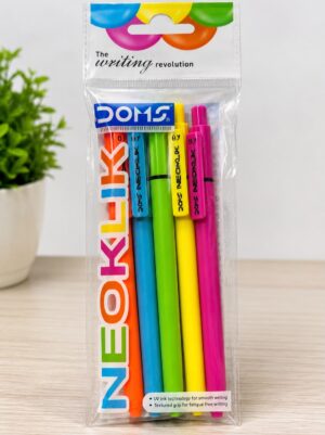 Neon colored gel pens in a clear resealable package; colors include orange, blue, green, yellow, and pink.