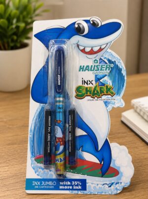 Shark-themed Hauser INX ink pen set in blister pack, featuring a blue cartoon shark and three ink cartridges visible.