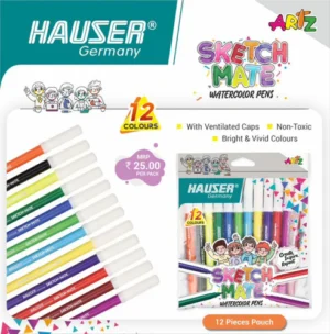 Hauser Germany Sketch Mate 12-color watercolor pen set with ventilated caps, shown loose and in a display pouch; vibrant colors used for kids' art.