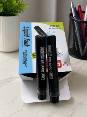 Two black whiteboard markers standing upright in front of blue and white packaging on a desk.