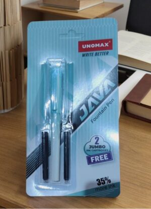 Unomax Jazzy fountain pen in blister pack with two black ink cartridges, blue packaging showing details like 2 jumbo cartridges free and 35% more ink.