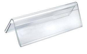 Clear acrylic desk sign holder in a tent shape for displaying a name card or note on a desk.
