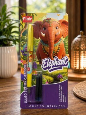 Packaging for Flair Elephant liquid fountain pen featuring a bright orange elephant wearing decorative jewelry in a jungle scene with a yellow pen visible in the blister.