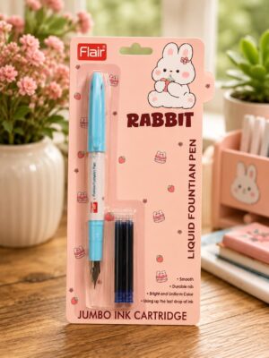 Pink Flair packaging featuring a cute white rabbit with a strawberry; contains a blue fountain pen and blue ink cartridge, labeled 'Jumbo Ink Cartridge'.