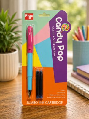 Colorful packaging for a Figo Candy Pop jumbo ink cartridge fountain pen; pink cap with blue body visible.