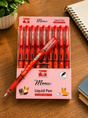 Pack of red Moou liquid pens (0.6 mm tip) on a pink display, placed on a wooden desk beside a notebook and plant.