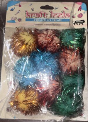 Pack of assorted color metallic tinsel pom-poms in a clear plastic bag (yellow, blue, red, green).