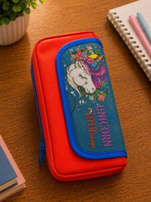 Red zippered pencil case with a blue panel showing a sleeping unicorn, colorful stars, and the phrase 'Be a Unicorn' on a wooden desk. nearby: notebooks and a plant.