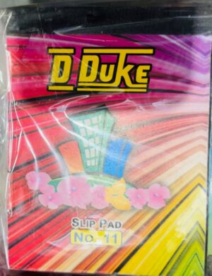 Brand packaging for D. Duke Slip Pad No. 11 with a colorful, abstract rainbow background and pink flower graphics.