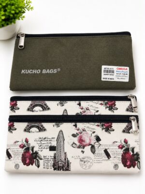 Two zippered pouches stacked vertically: a plain olive-green brand pouch above a floral London/Paris print pouch with multiple zippers.