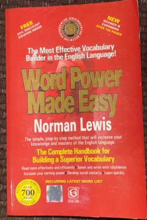 Book cover for Word Power Made Easy by Norman Lewis with red background and bold gold title text in large font. Include tagline about vocabulary building and 700+ pages.