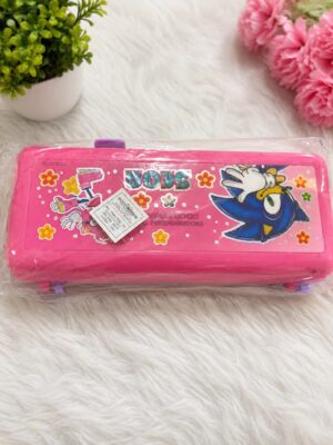Pink Sonic the Hedgehog-themed pencil case with flower graphics, sealed in plastic on a white fluffy surface.