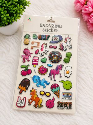 Sticker sheet labeled 'Bronzing sticker' with colorful unicorns, fruits, heart, disco ball, sunglasses, and retro icons on a white background.