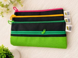 Set of four black zippered pouches with pink, orange, green, and lime zippers on a white fluffy surface, with tags at the side.