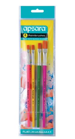 Apsara four-paintbrush set in clear package; flat brushes with pink, yellow, orange, and green handles.