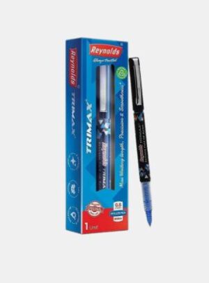 Blue Reynolds Finax ballpoint pen set in blue packaging, with one pen displayed beside the box.