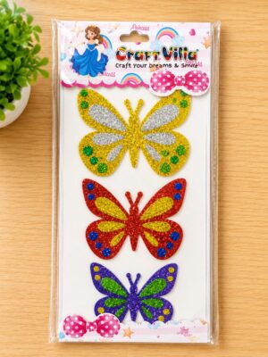 Three glittery butterfly stickers (yellow, red, purple) on a white card inside clear packaging for crafts and decorations.
