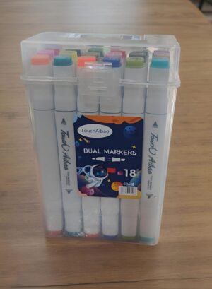 Clear plastic case holding 18 TouchAiba dual markers with colorful caps visible on top.