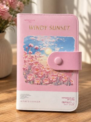 Pink journal with a watercolor scene of pink flowers under a blue sky and a setting sun, titled 'Windy Sunset' with a pink clasp.
