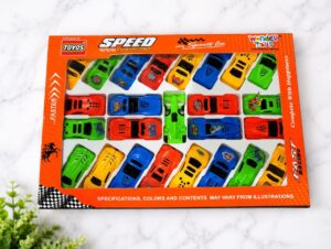 Orange toy car set box with a transparent window showing many colorful miniature race cars in rows and columns, labeled 'Speed Champions'.