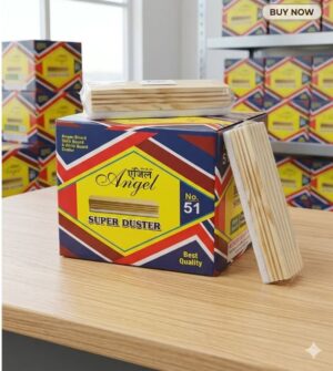 Box of Angel Super Duster (No. 51) on a wooden table, with wooden boards leaning against it and colorful product boxes in the background in a shop setting.
