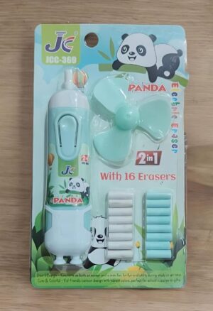 Panda-themed 2-in-1 eraser set with mini pencil sharpener and 16 erasers attached to light blue packaging