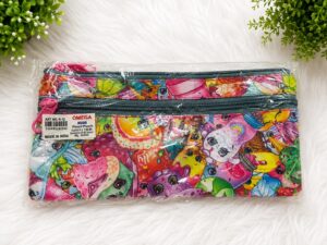 Colorful cartoon pencil pouch in clear plastic packaging on a white fluffy background; label shows Omega Kubo Pencil Pouch, Made in India.