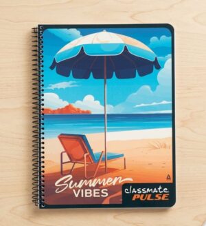 Notebook cover showing a sunny beach scene with an umbrella, lounge chair, and ocean horizon; reads 'Summer Vibes' with 'Classmate Pulse' logo at bottom right.