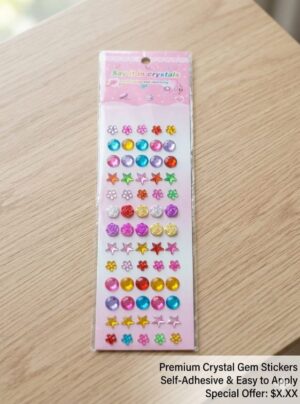 Sheet of colorful self-adhesive crystal gem stickers in rounds, flowers, stars and roses on a pink card