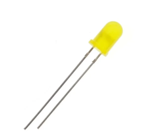 Yellow through-hole LED with two long metal leads, used as a light indicator in circuits