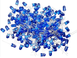 A jumble of blue LEDs with long metal leads scattered together.