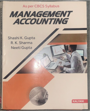 Management Accounting book cover: authors Gupta, Sharma, Neeti Gupta; Kalyani publisher; geometric design. (Informative)