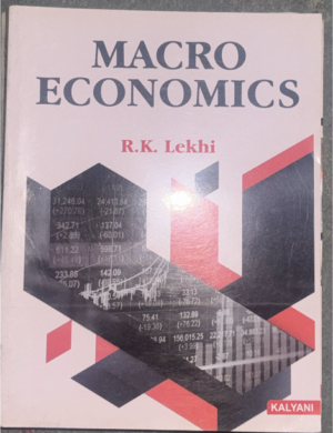 Book cover: 'MACRO ECONOMICS' by R.K. Lekhi on a pink background with abstract black/red geometric shapes; KALYANI logo visible.