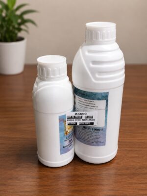 Two white plastic bottles with screw caps on a wooden table; labels show product information.