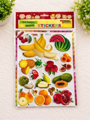 Fruit-shaped stickers on a package labeled A4 Foam Sparkle Stickers for kids crafts, showing bananas, watermelon, oranges, berries, and more in bright colors.