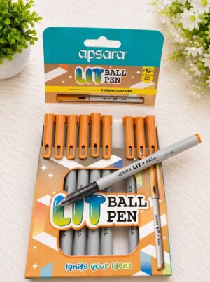 Set of orange-capped ballpoint pens in colorful packaging, with a gray pen resting across the display.